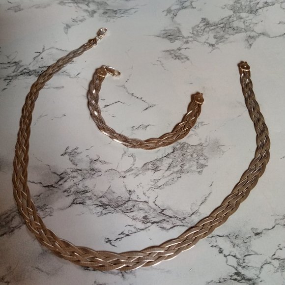 Vtg 925 Sterling Silver Italy 5 Strand Braided Herringbone Necklace/Bracelet Set - Picture 6 of 9